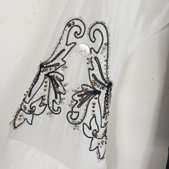 Usindo Womens Sequin Beaded Floral Tunic Shirt Small Black White Colorblock Asym - Picture 9 of 12